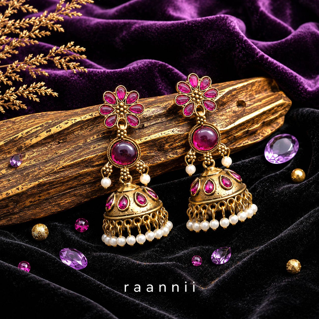 Raannii Earrings – Ruby Pink Stone Jhumka Dangler Earrings for Women