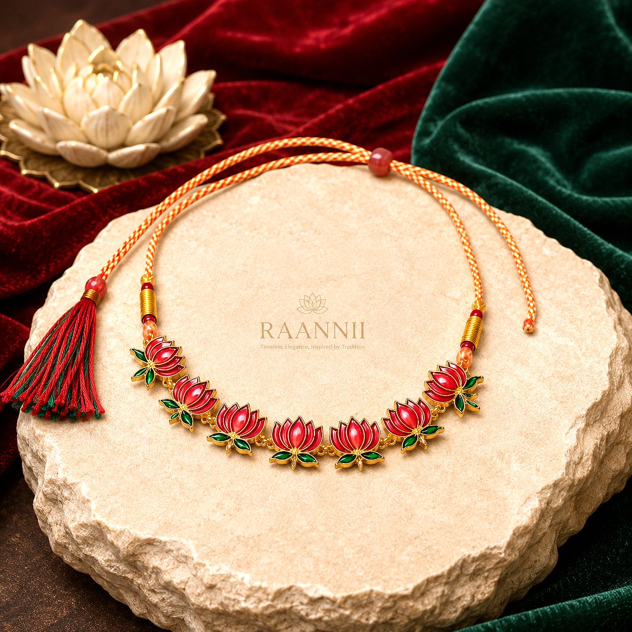 Raannii Red Lotus Necklace – Gold Plated Floral Statement Jewelry