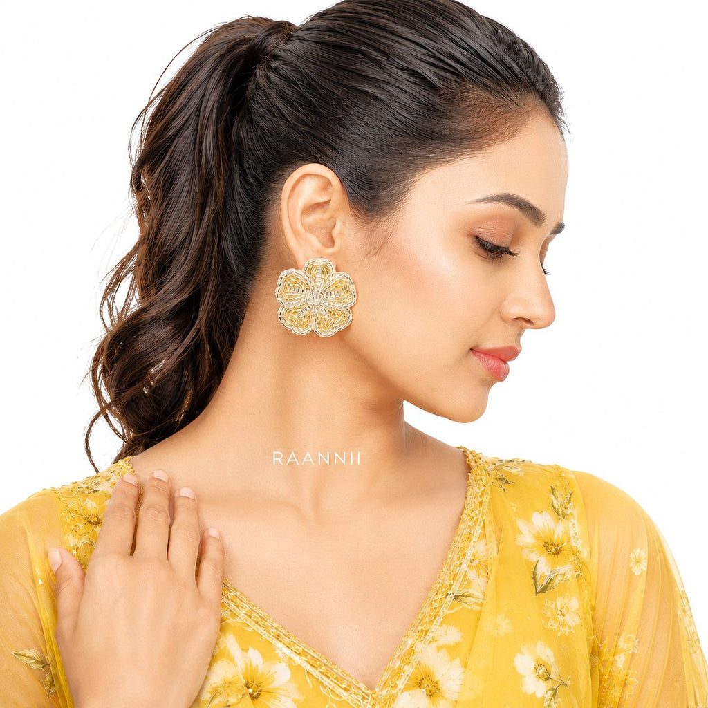 Raannii Gold Floral Stud Earrings – Beaded Statement Flower Earrings