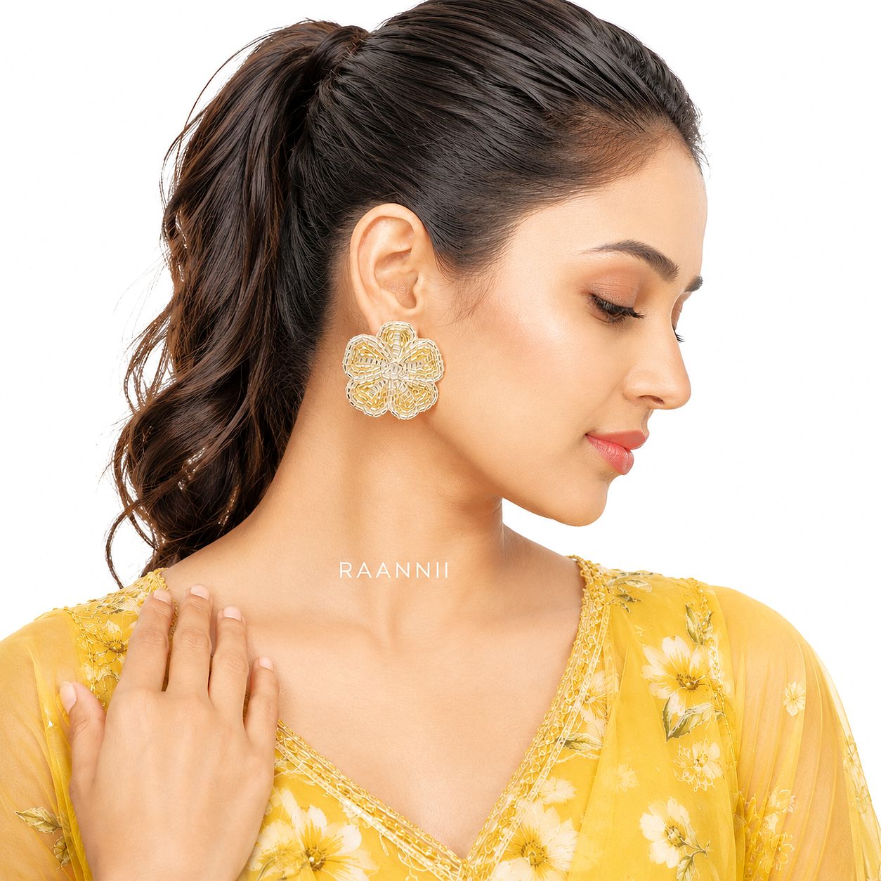 Raannii Gold Floral Stud Earrings – Beaded Statement Flower Earrings