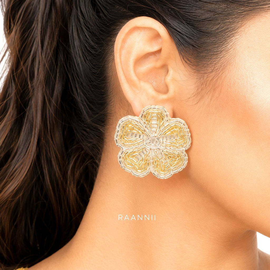 Raannii Gold Floral Stud Earrings – Beaded Statement Flower Earrings