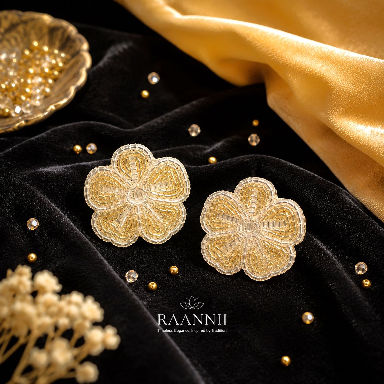 Raannii Gold Floral Stud Earrings – Beaded Statement Flower Earrings