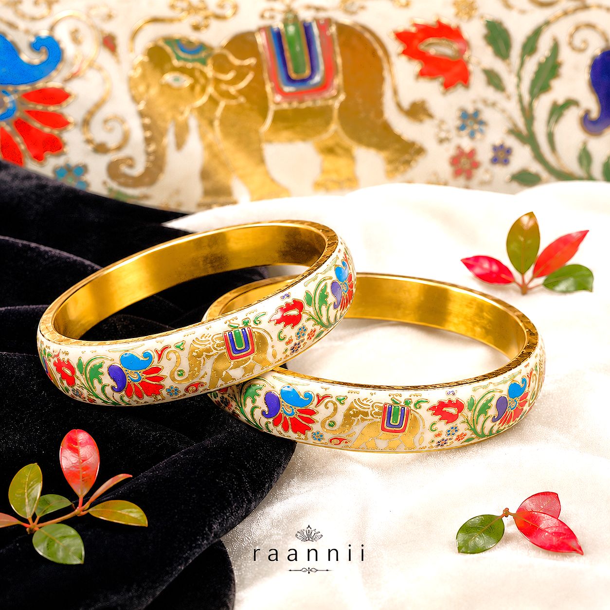 Raannii Floral Printed Enamel Bangles (Pair) – Designer Ethnic Kada Set