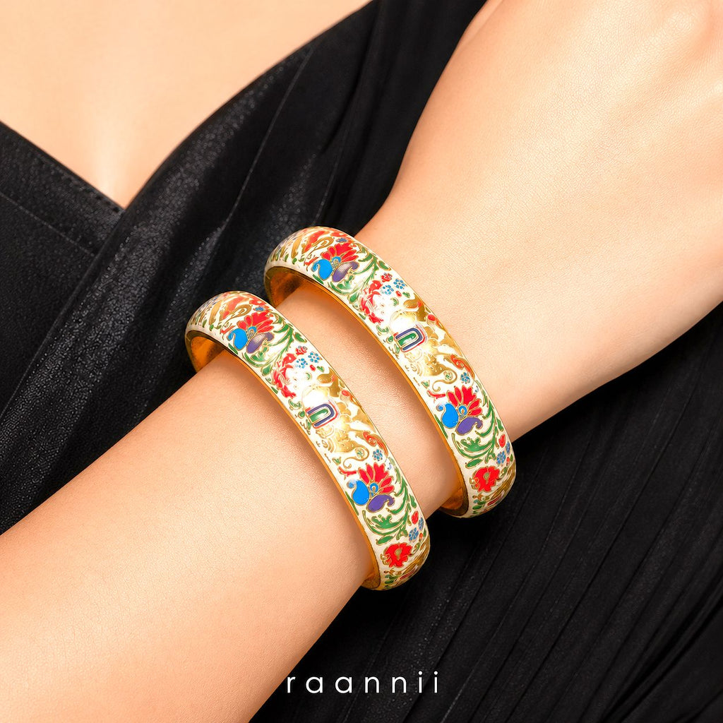 Raannii Floral Printed Enamel Bangles (Pair) – Designer Ethnic Kada Set