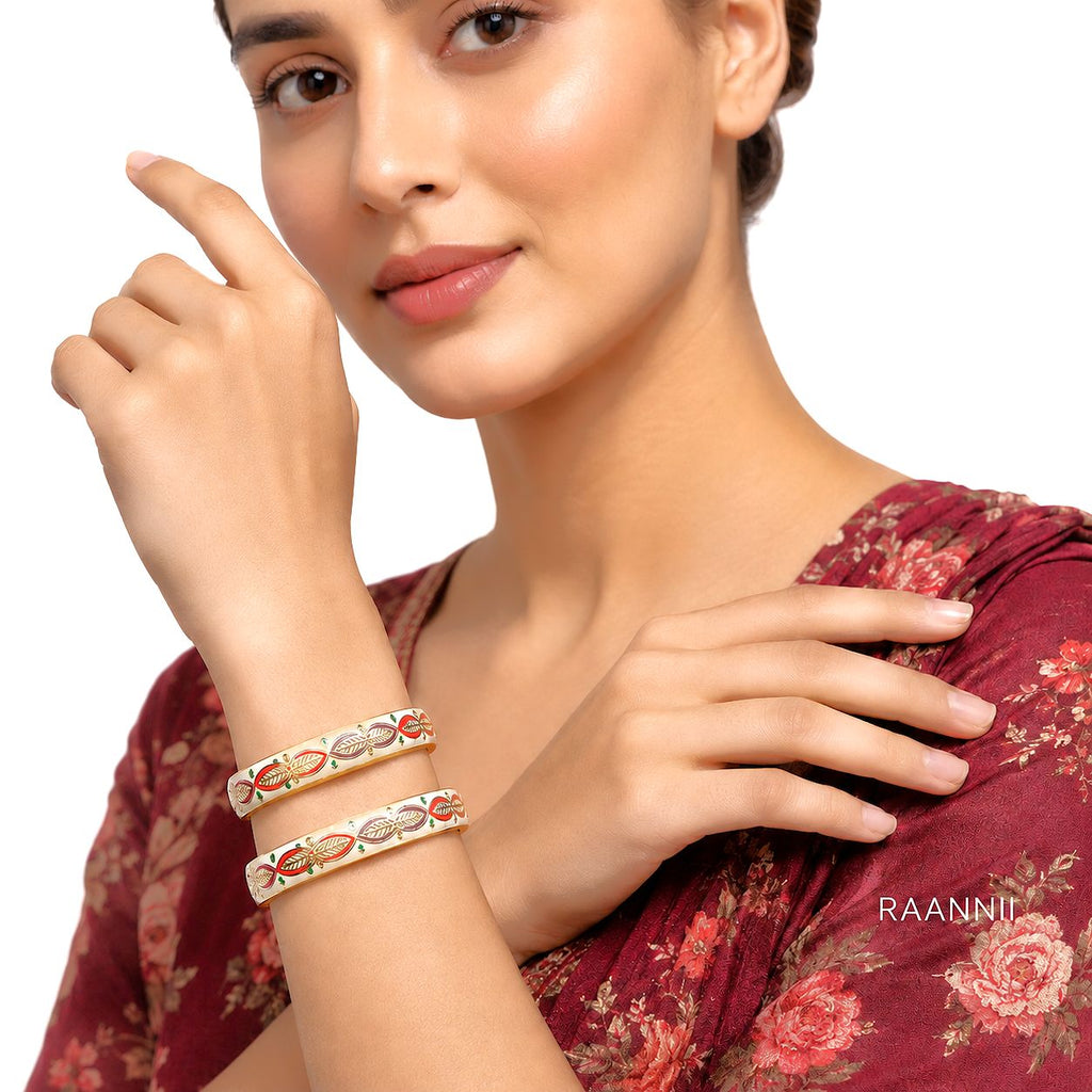 Raannii Leaf Design Multicolor Enamel Bangles (Set of 2)