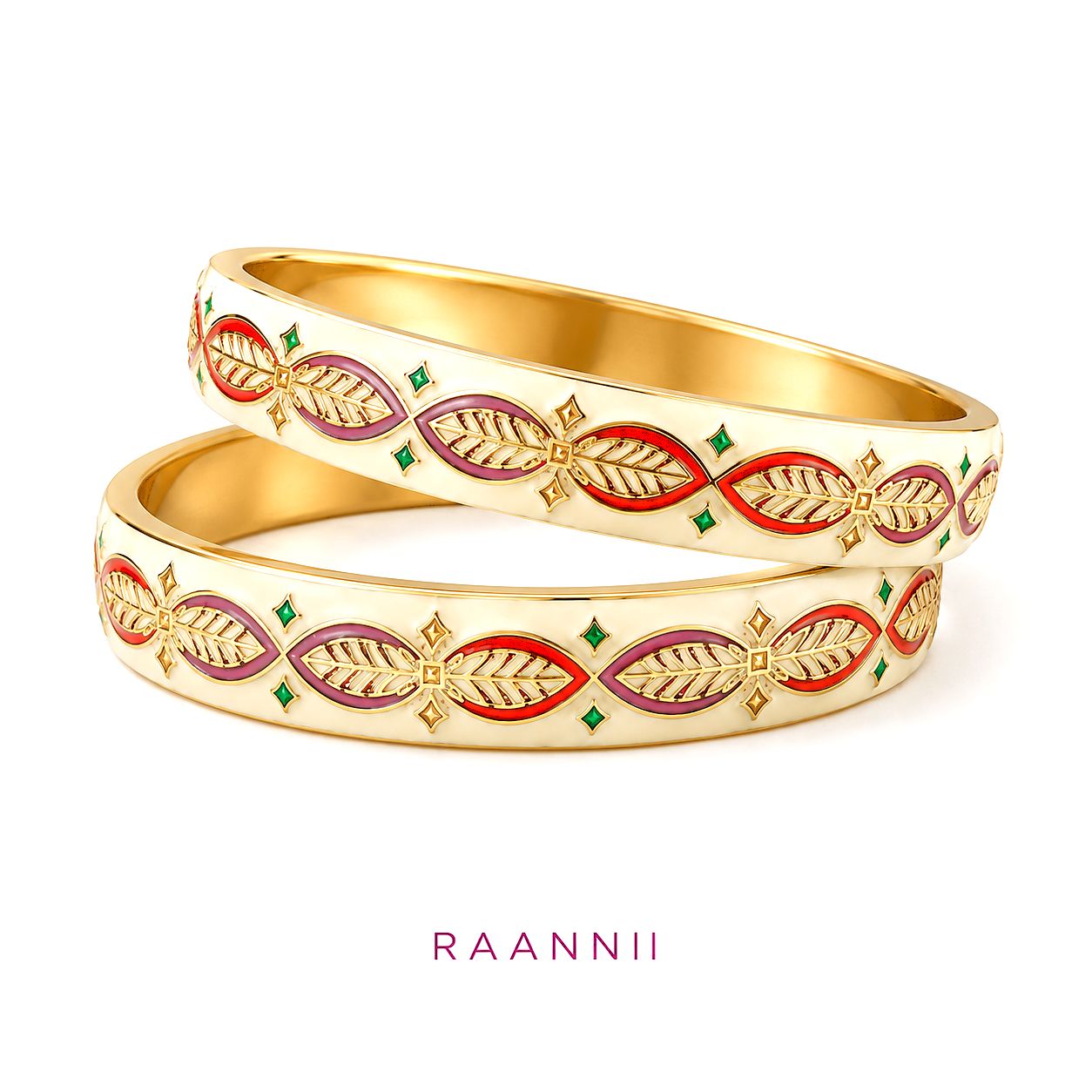 Raannii Leaf Design Multicolor Enamel Bangles (Set of 2)