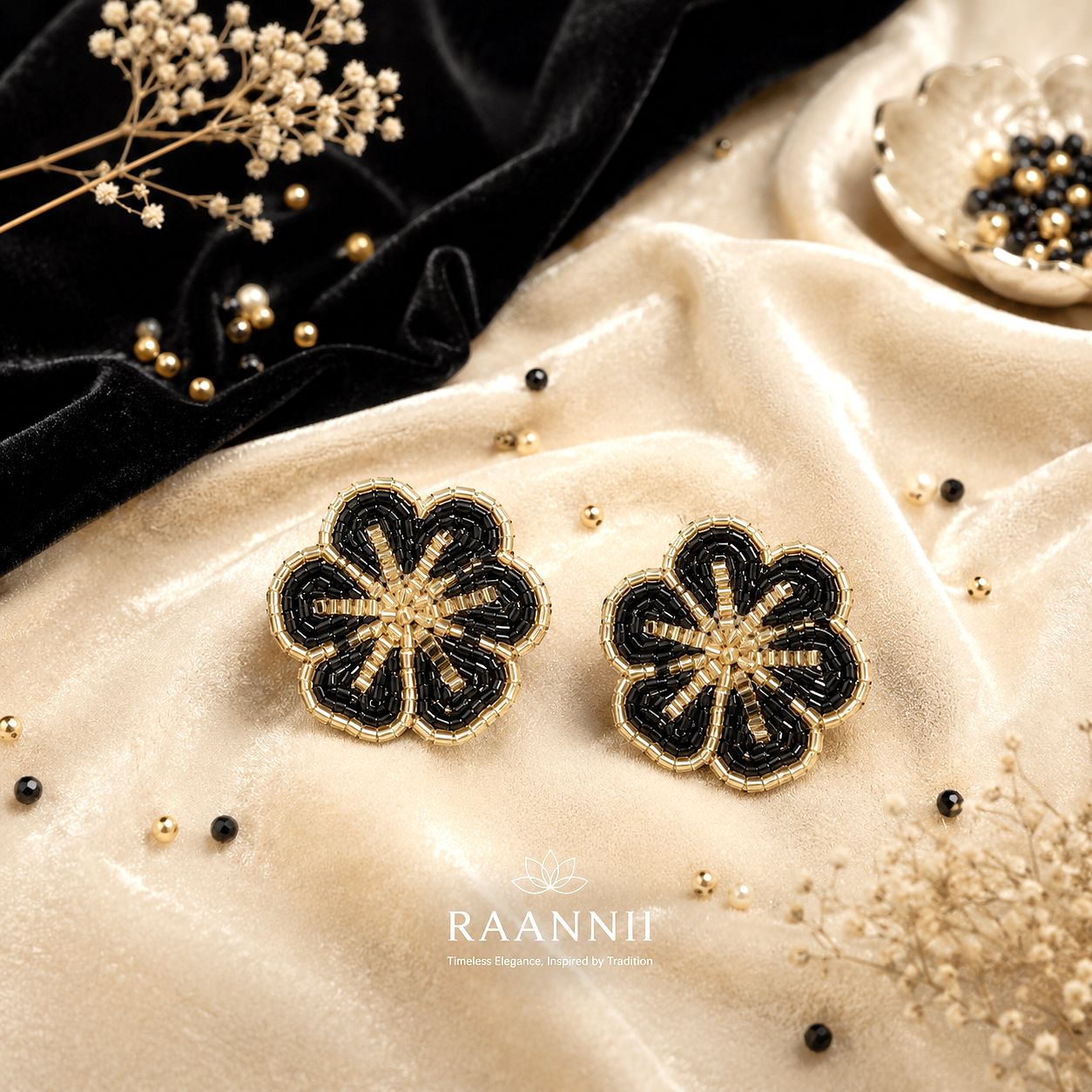 Raannii Earrings - Black & Gold Floral Handcrafted Beaded Stud Earrings for Women