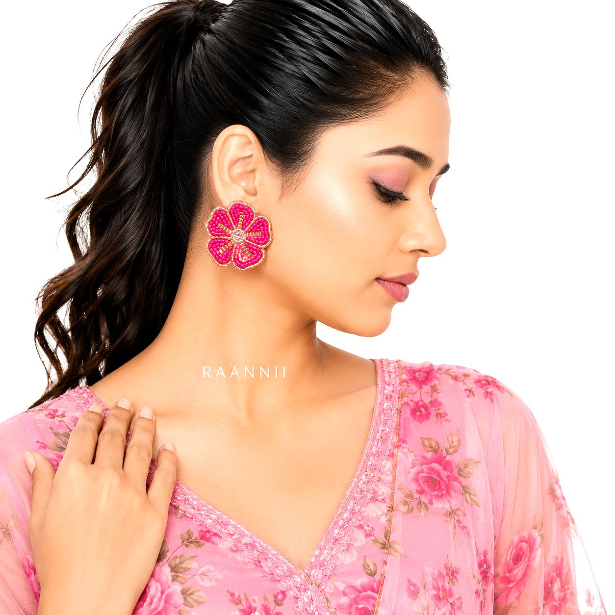 Raannii Earrings - Dark Pink & Gold Floral Handcrafted Beaded Stud Earrings for Women