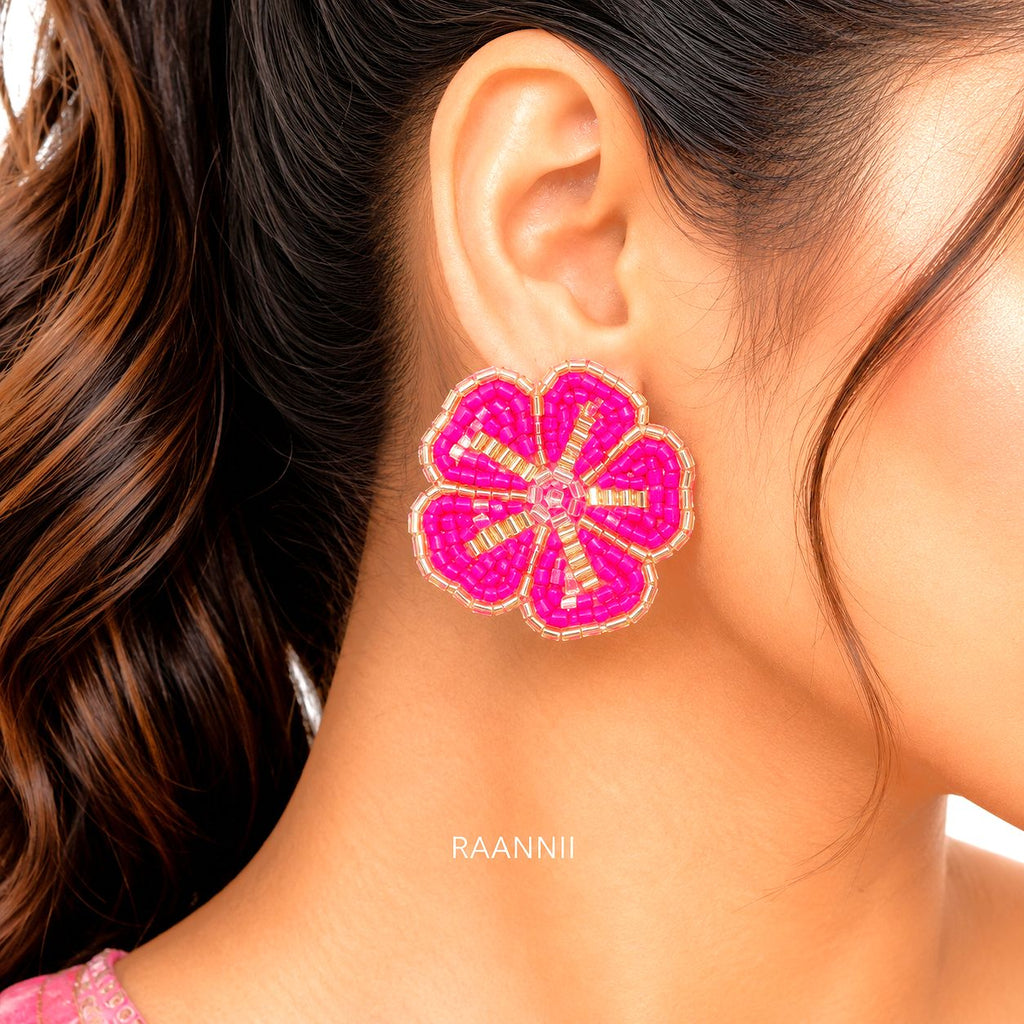 Raannii Earrings - Dark Pink & Gold Floral Handcrafted Beaded Stud Earrings for Women