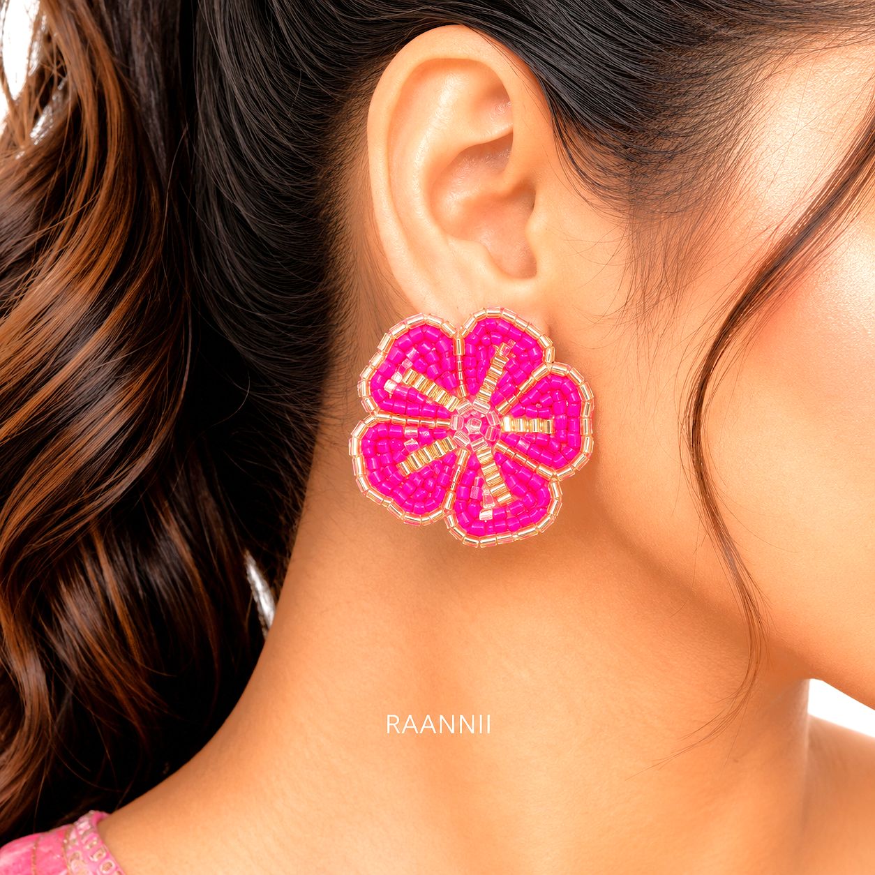 Raannii Earrings - Dark Pink & Gold Floral Handcrafted Beaded Stud Earrings for Women