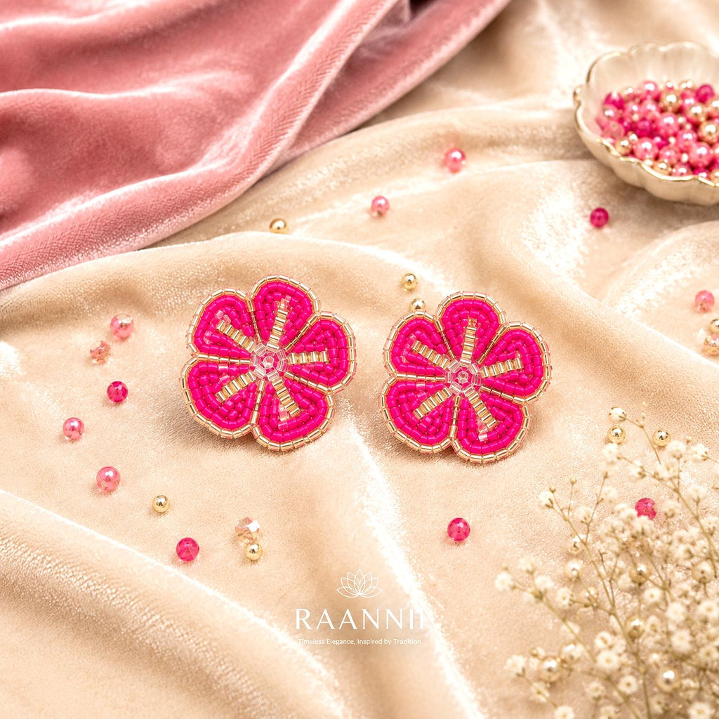Raannii Earrings - Dark Pink & Gold Floral Handcrafted Beaded Stud Earrings for Women