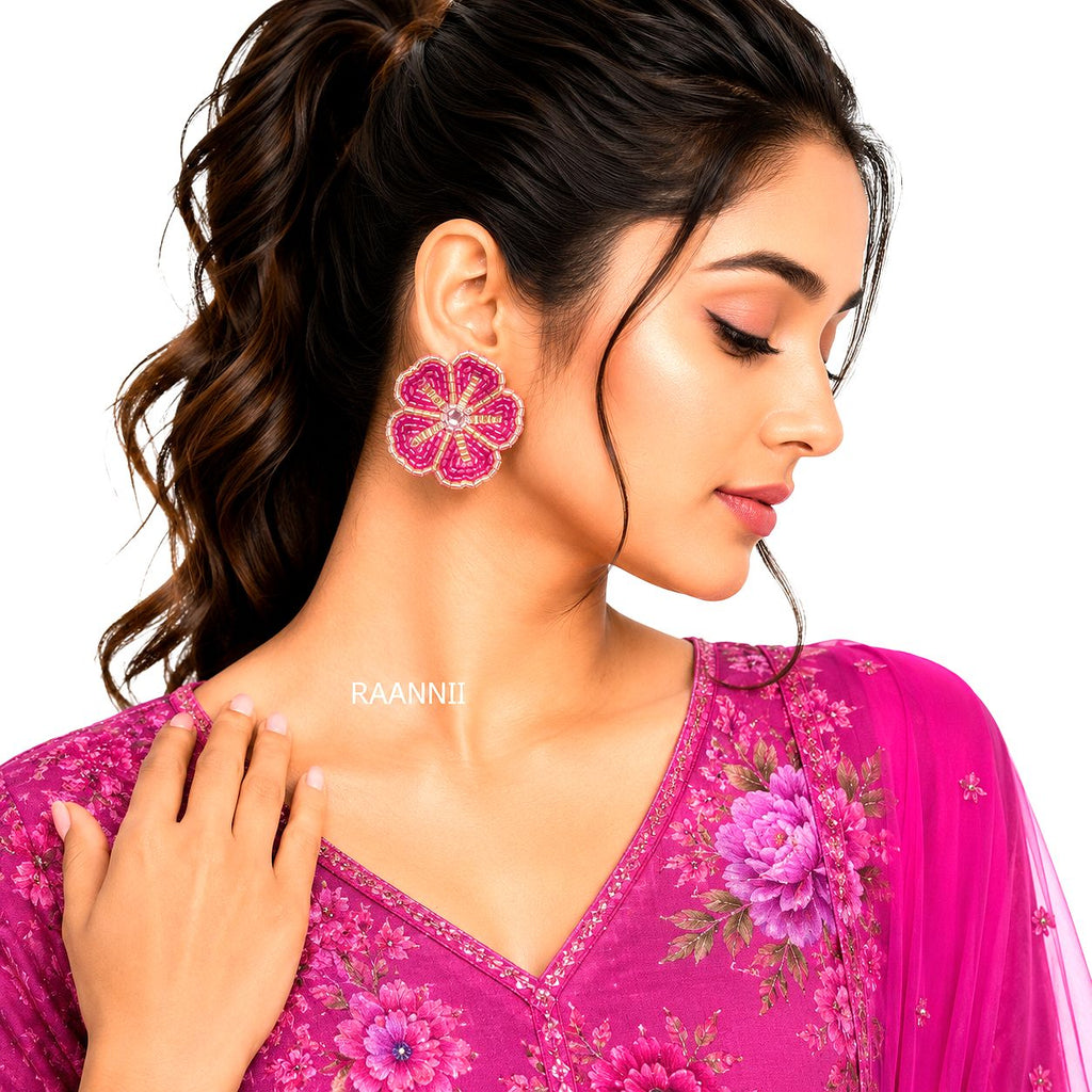Raannii Earrings - Baby Pink & Gold Floral Handcrafted Beaded Stud Earrings for Women