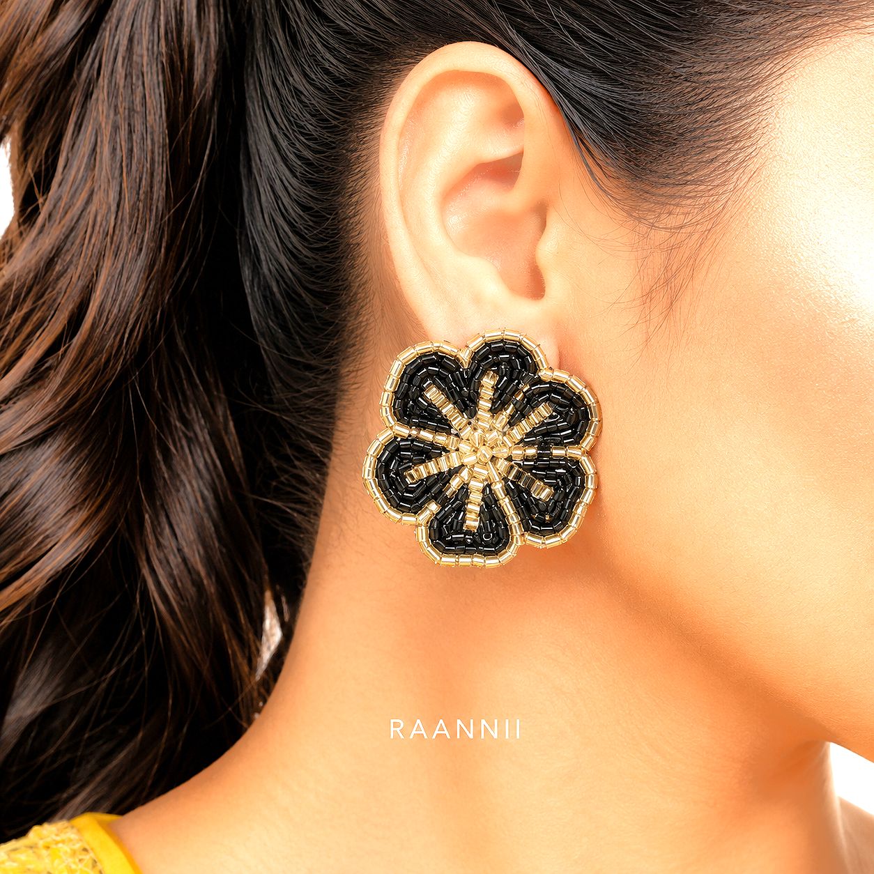 Raannii Earrings - Black & Gold Floral Handcrafted Beaded Stud Earrings for Women