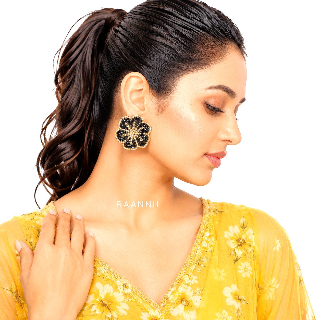 Raannii Earrings - Black & Gold Floral Handcrafted Beaded Stud Earrings for Women