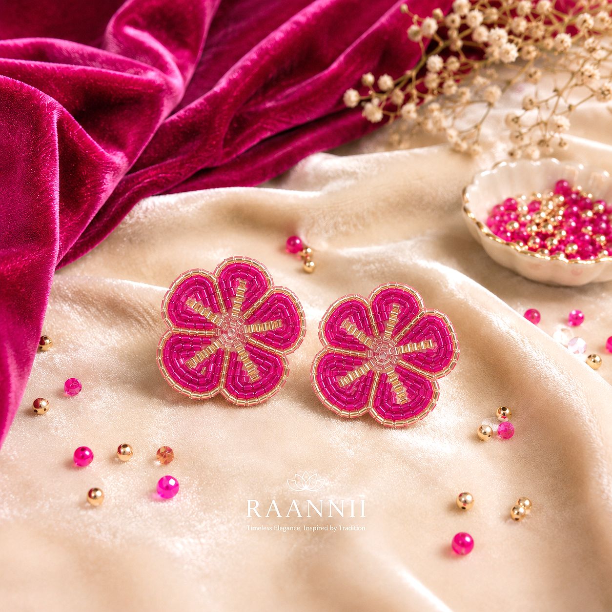 Raannii Earrings - Baby Pink & Gold Floral Handcrafted Beaded Stud Earrings for Women