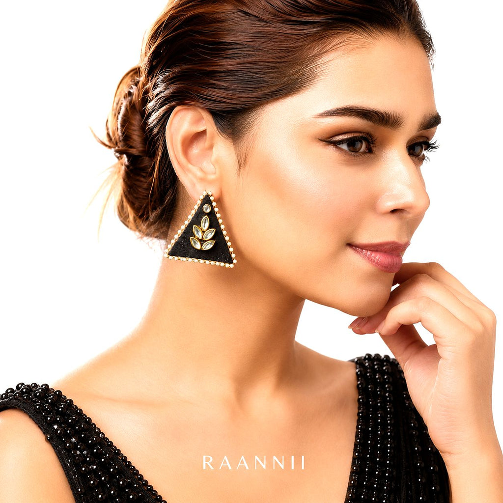 Raannii Earrings - Black Triangle Kundan Pearl Stud Earrings for Women