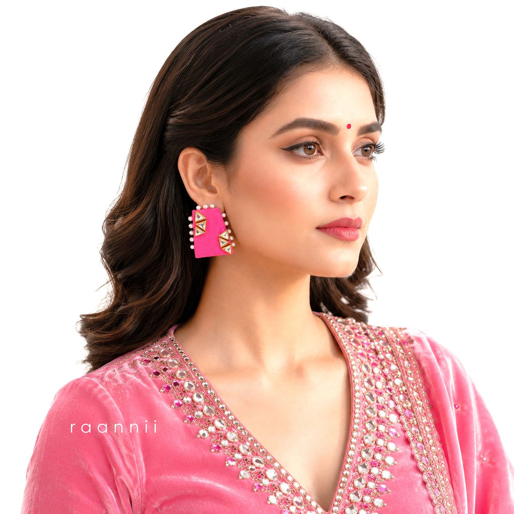 Raannii Earrings - Pink Pearl Kundan Statement Square Earrings for Women