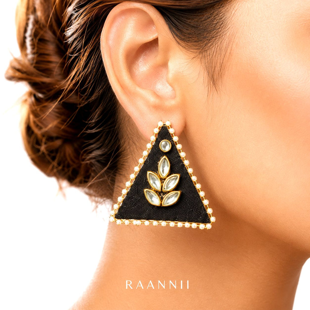 Raannii Earrings - Black Triangle Kundan Pearl Stud Earrings for Women
