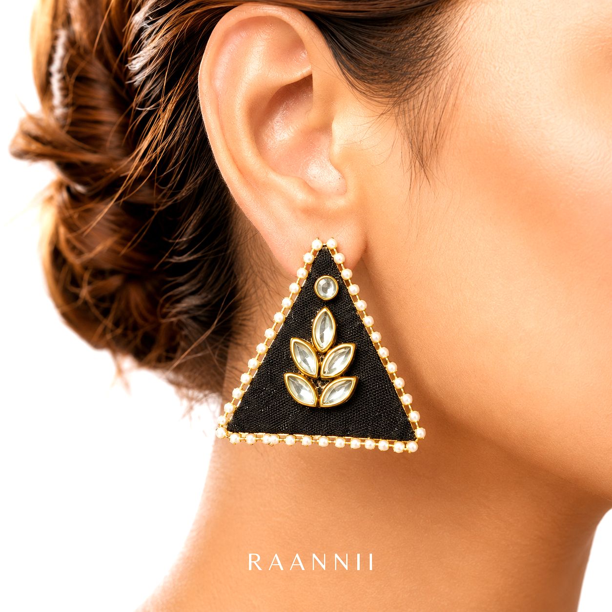Raannii Earrings - Black Triangle Kundan Pearl Stud Earrings for Women