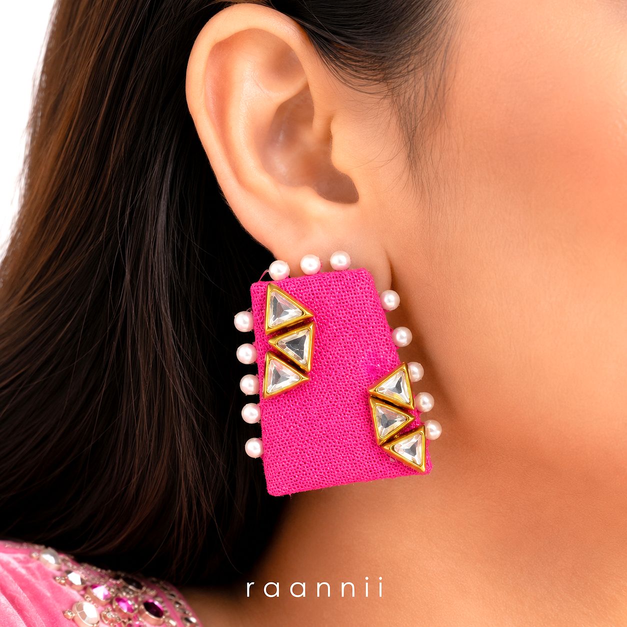 Raannii Earrings - Pink Pearl Kundan Statement Square Earrings for Women