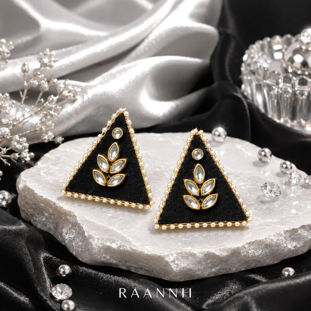 Raannii Earrings - Black Triangle Kundan Pearl Stud Earrings for Women