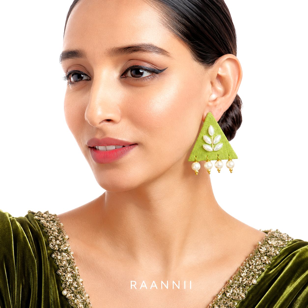 Raannii Earrings - Green Triangle Pearl Drop Statement Earrings for Women