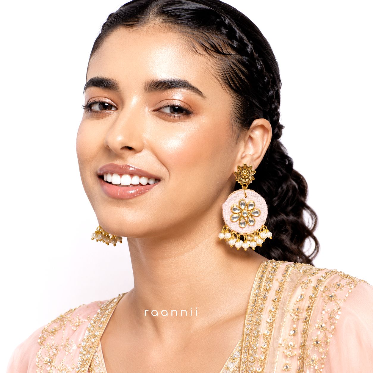 Raannii Earrings - Pink Floral Kundan Pearl Drop Statement Earrings for Women