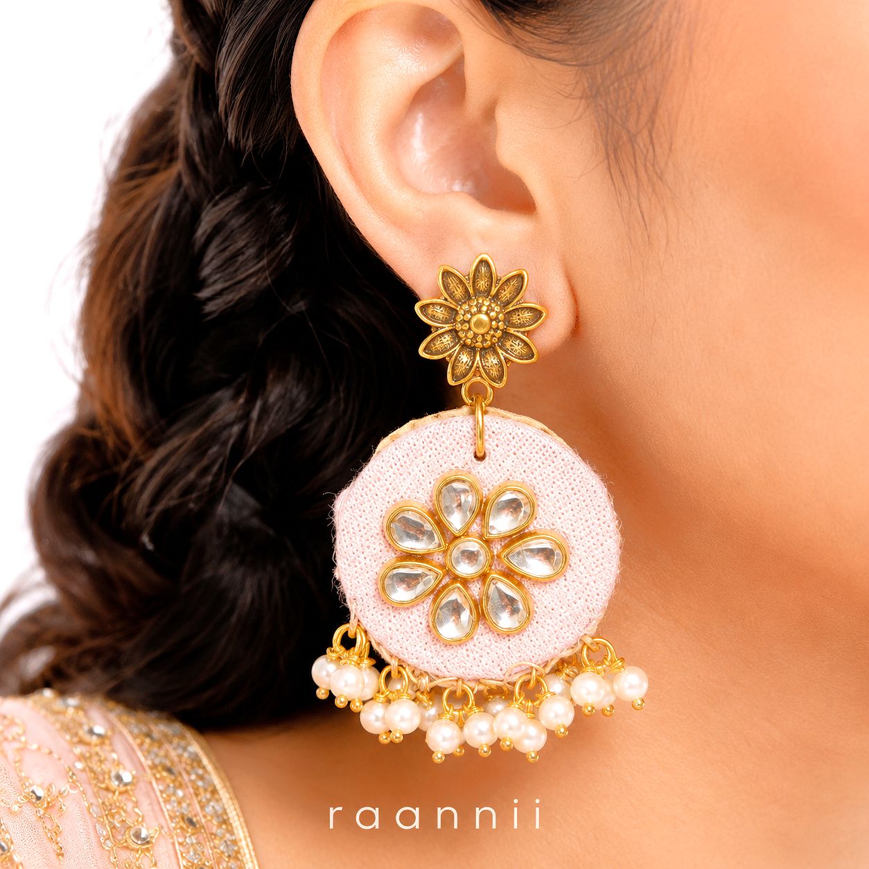 Raannii Earrings - Pink Floral Kundan Pearl Drop Statement Earrings for Women