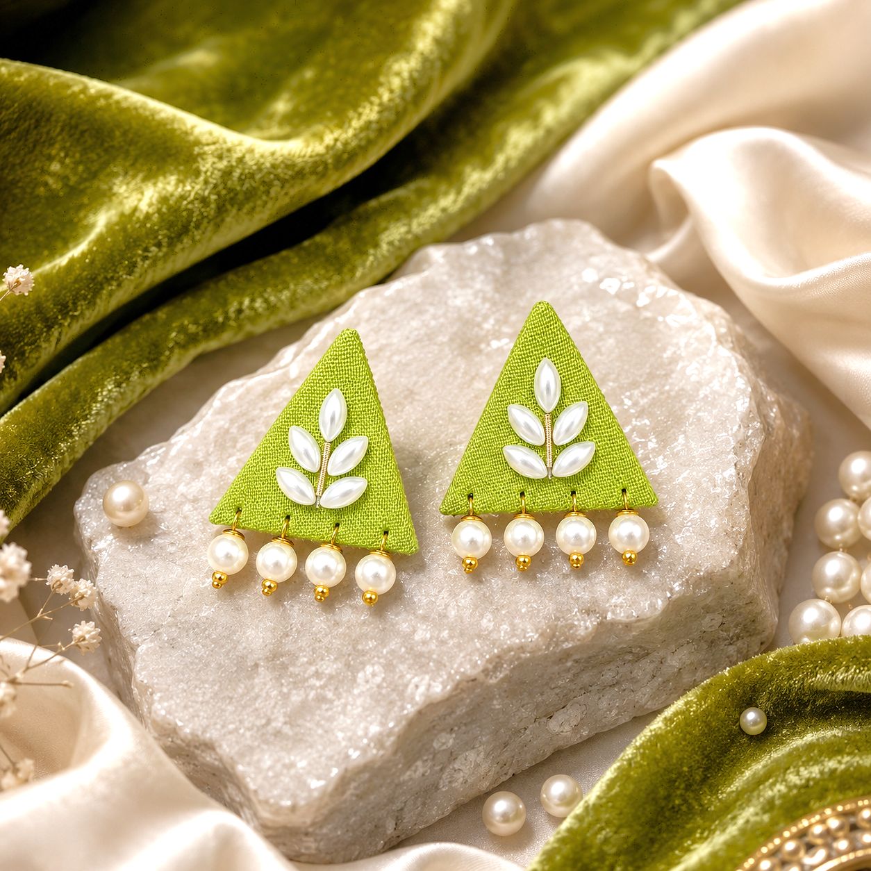 Raannii Earrings - Green Triangle Pearl Drop Statement Earrings for Women