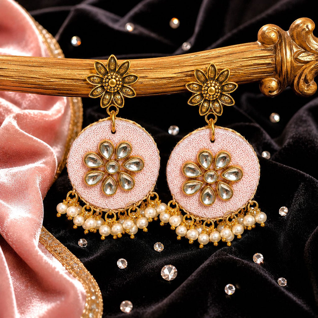 Raannii Earrings - Pink Floral Kundan Pearl Drop Statement Earrings for Women