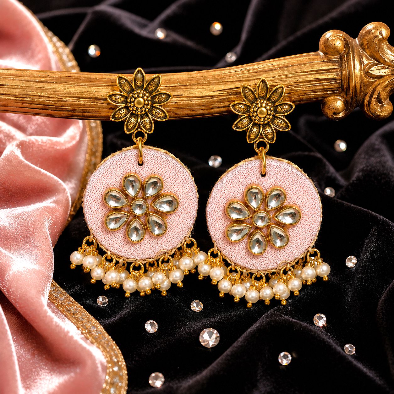Raannii Earrings - Pink Floral Kundan Pearl Drop Statement Earrings for Women