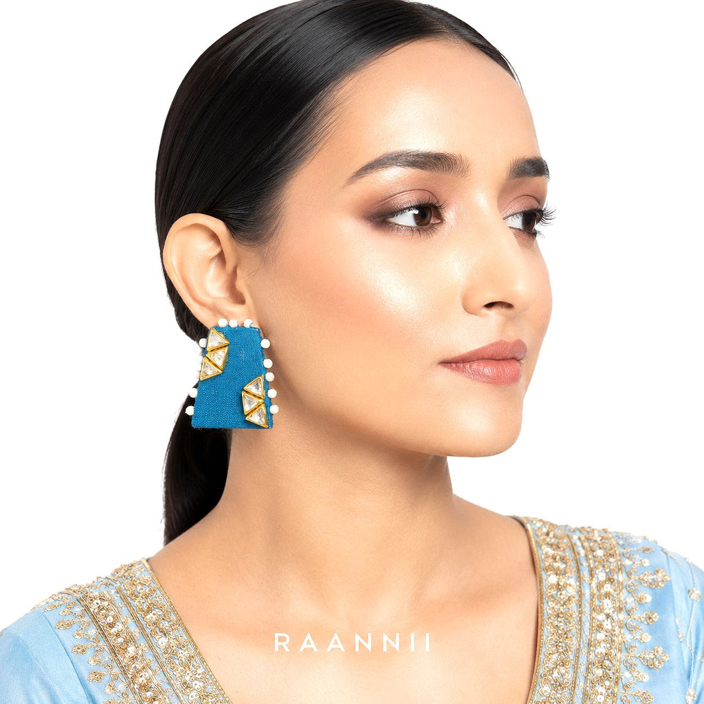 Raannii Earrings - Teal Blue Pearl Kundan Statement Square Earrings for Women