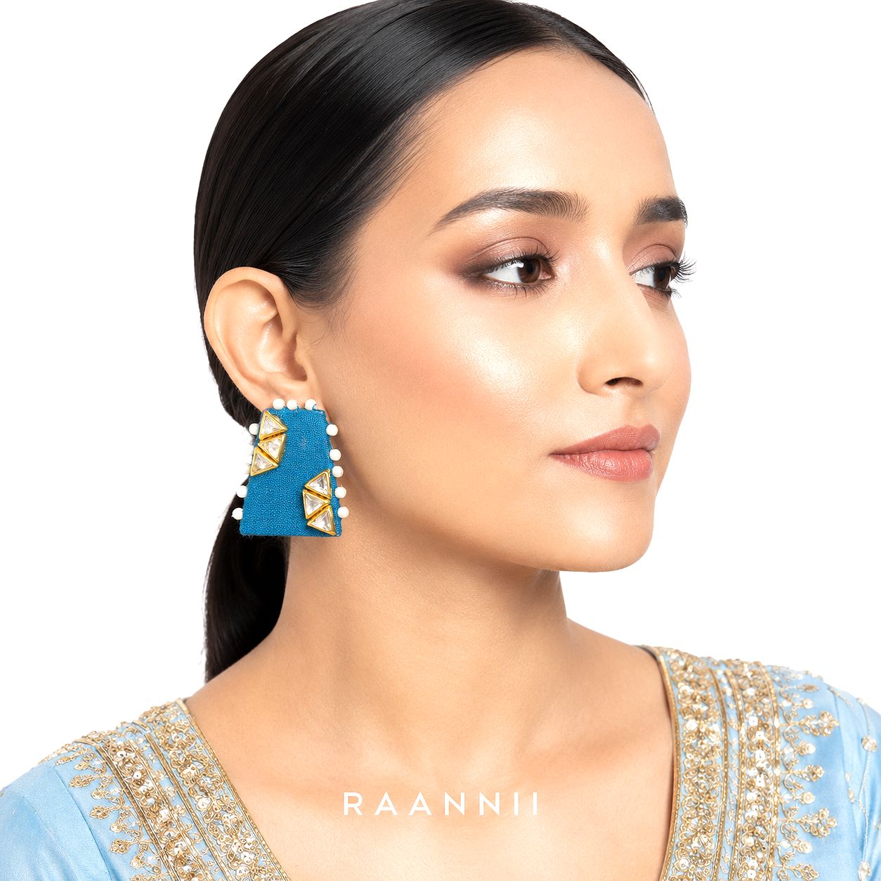 Raannii Earrings - Teal Blue Pearl Kundan Statement Square Earrings for Women