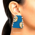 Raannii Earrings - Teal Blue Pearl Kundan Statement Square Earrings for Women