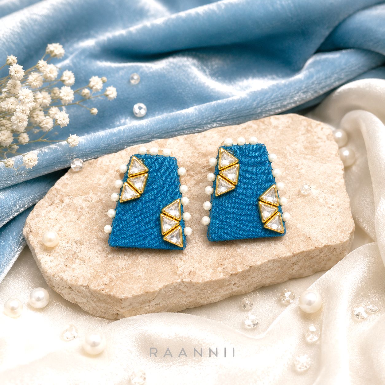 Raannii Earrings - Teal Blue Pearl Kundan Statement Square Earrings for Women