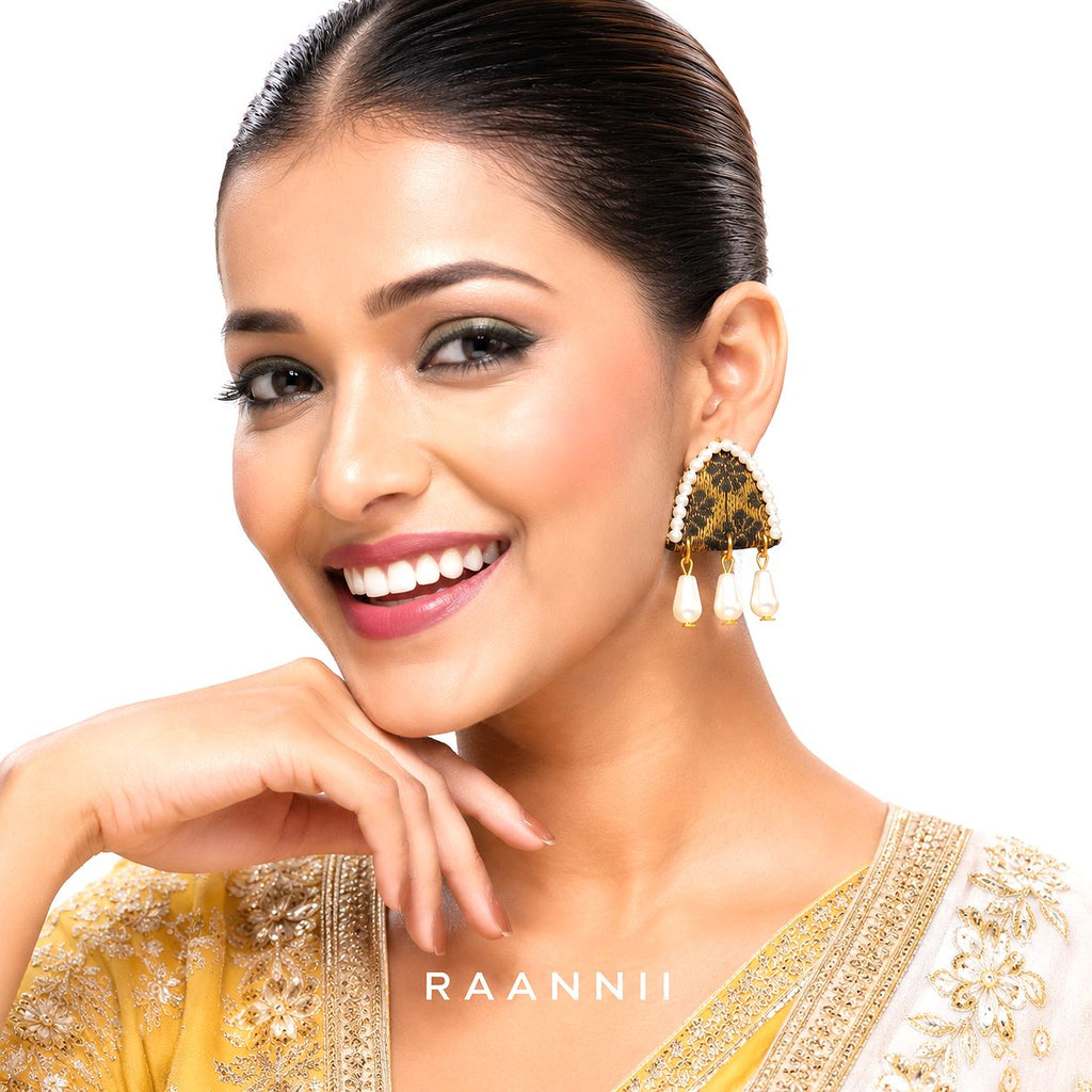 Raannii Earrings - Pearl Drop Designer Fabric Statement Earrings for Women