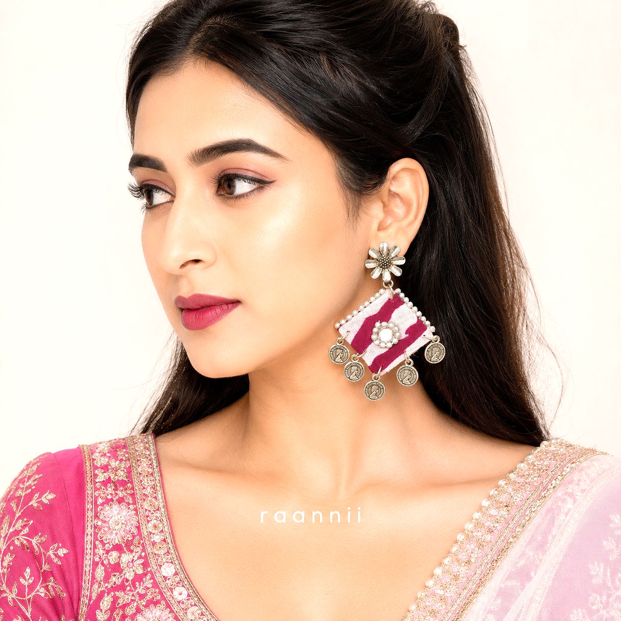 Raannii Earrings - Pink Fabric Coin Drop Statement Earrings for Women