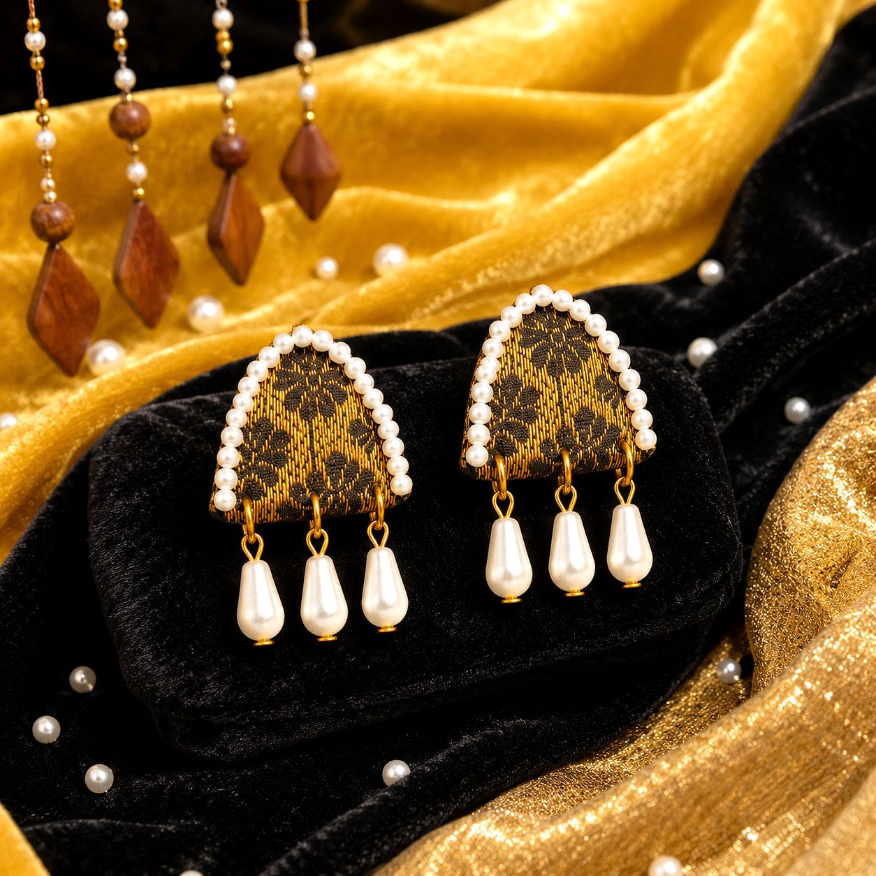 Raannii Earrings - Pearl Drop Designer Fabric Statement Earrings for Women