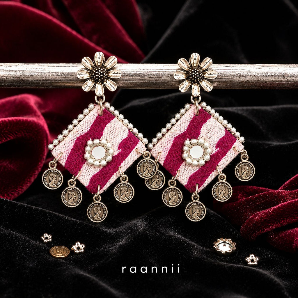 Raannii Earrings - Pink Fabric Coin Drop Statement Earrings for Women