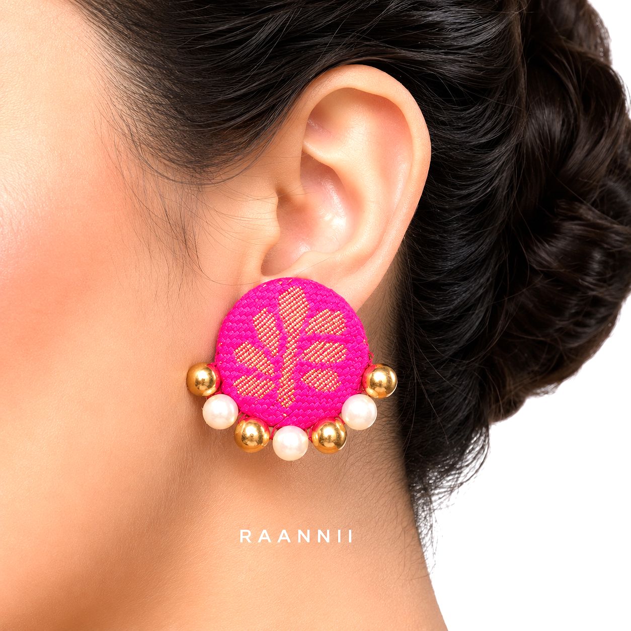 Raannii Earrings - Pink Fabric Pearl Statement Stud Earrings for Women