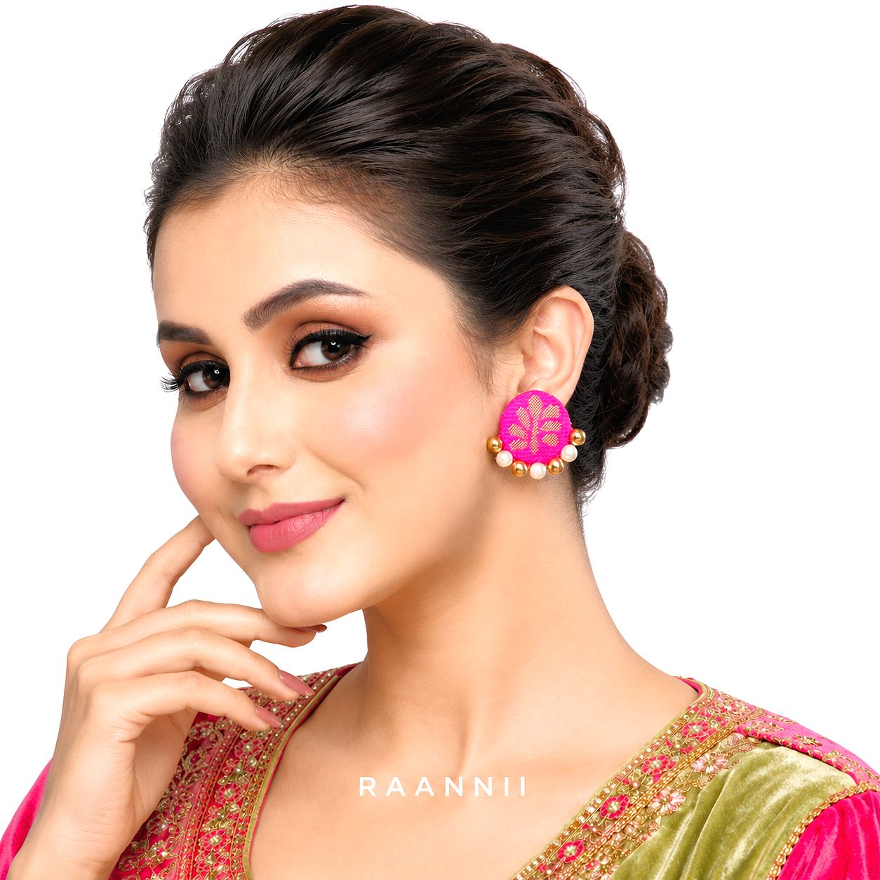 Raannii Earrings - Pink Fabric Pearl Statement Stud Earrings for Women
