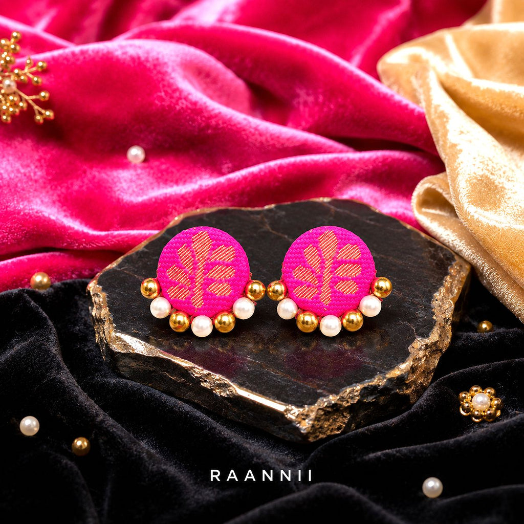 Raannii Earrings - Pink Fabric Pearl Statement Stud Earrings for Women