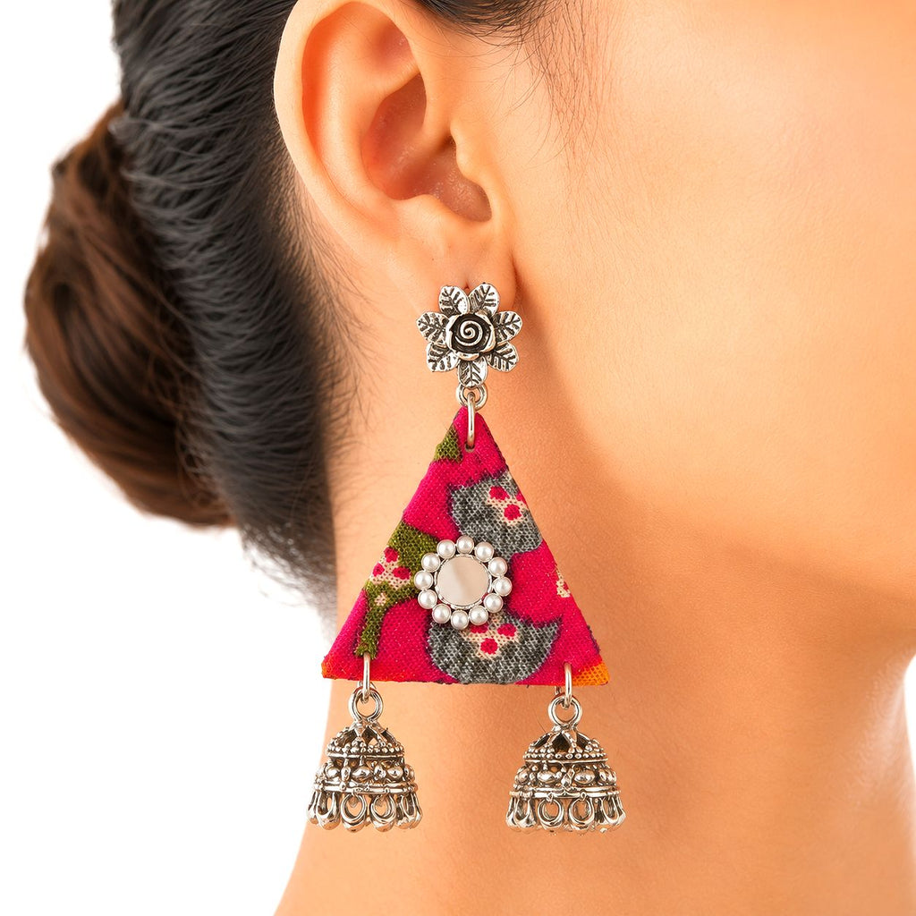 Raannii Earrings - Pink Printed Fabric Jhumka Drop Earrings for Women
