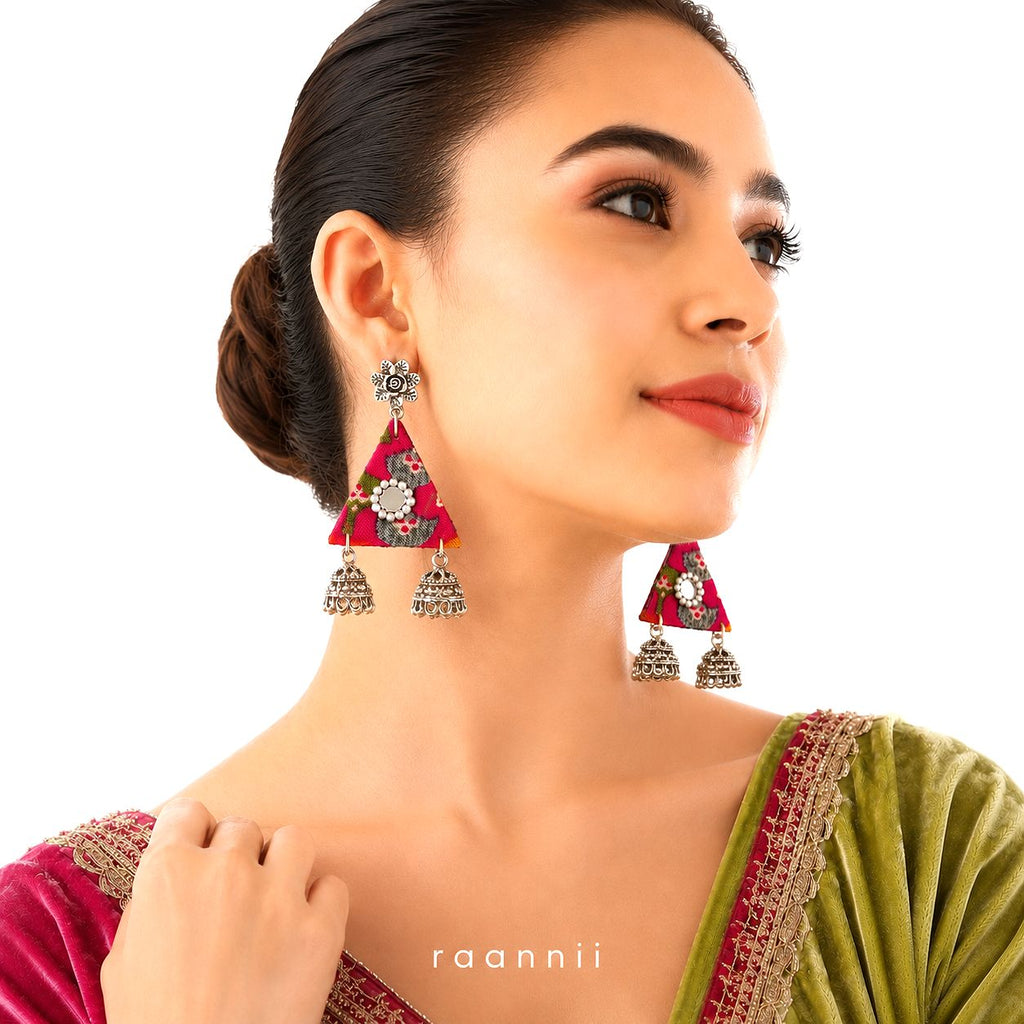 Raannii Earrings - Pink Printed Fabric Jhumka Drop Earrings for Women