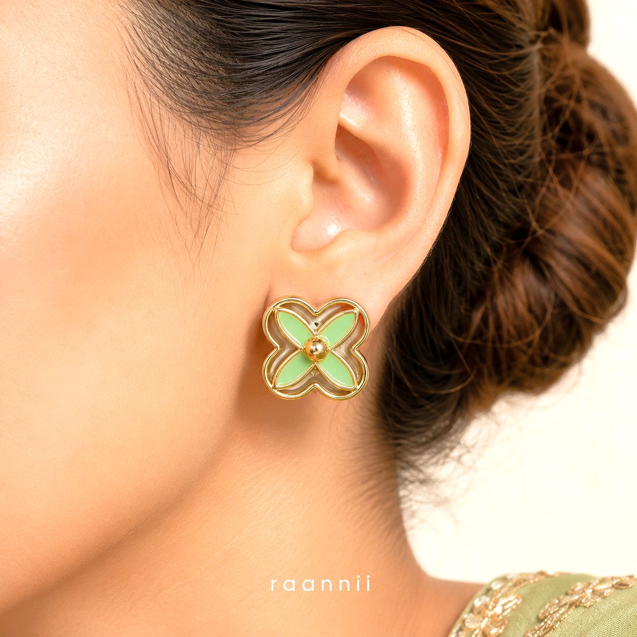 Raannii Earrings - Mint Green Flower Stud Earrings for Women Gold Plated Floral Earrings