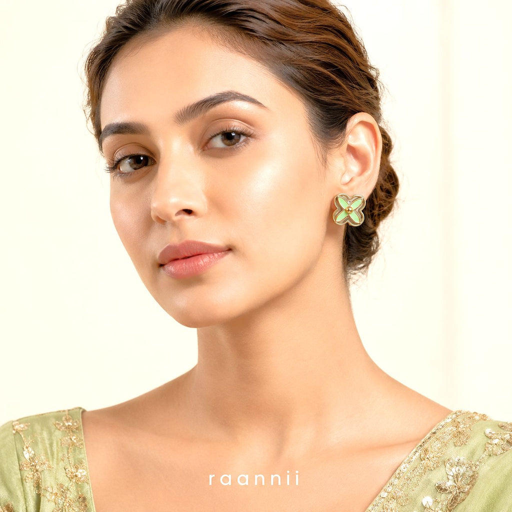 Raannii Earrings - Mint Green Flower Stud Earrings for Women Gold Plated Floral Earrings