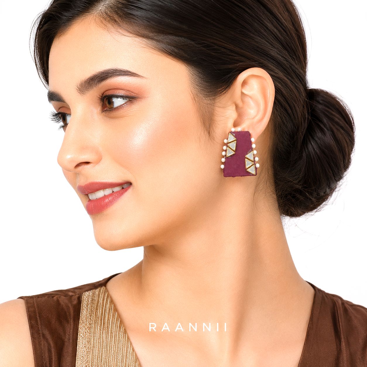 Raannii Earrings - Maroon Fabric Pearl Kundan Statement Square Earrings for Women