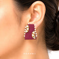 Raannii Earrings - Maroon Fabric Pearl Kundan Statement Square Earrings for Women
