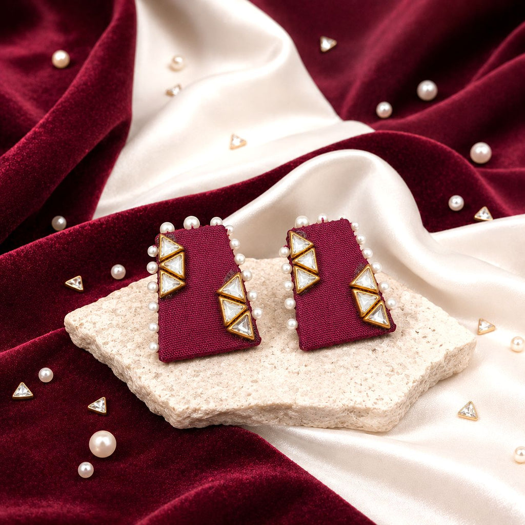 Raannii Earrings - Maroon Fabric Pearl Kundan Statement Square Earrings for Women