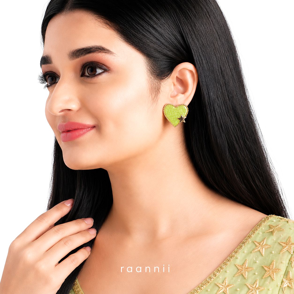 Raannii Earrings - Lime Green Heart Stud Earrings for Women Gold Tone Cute Heart Shape